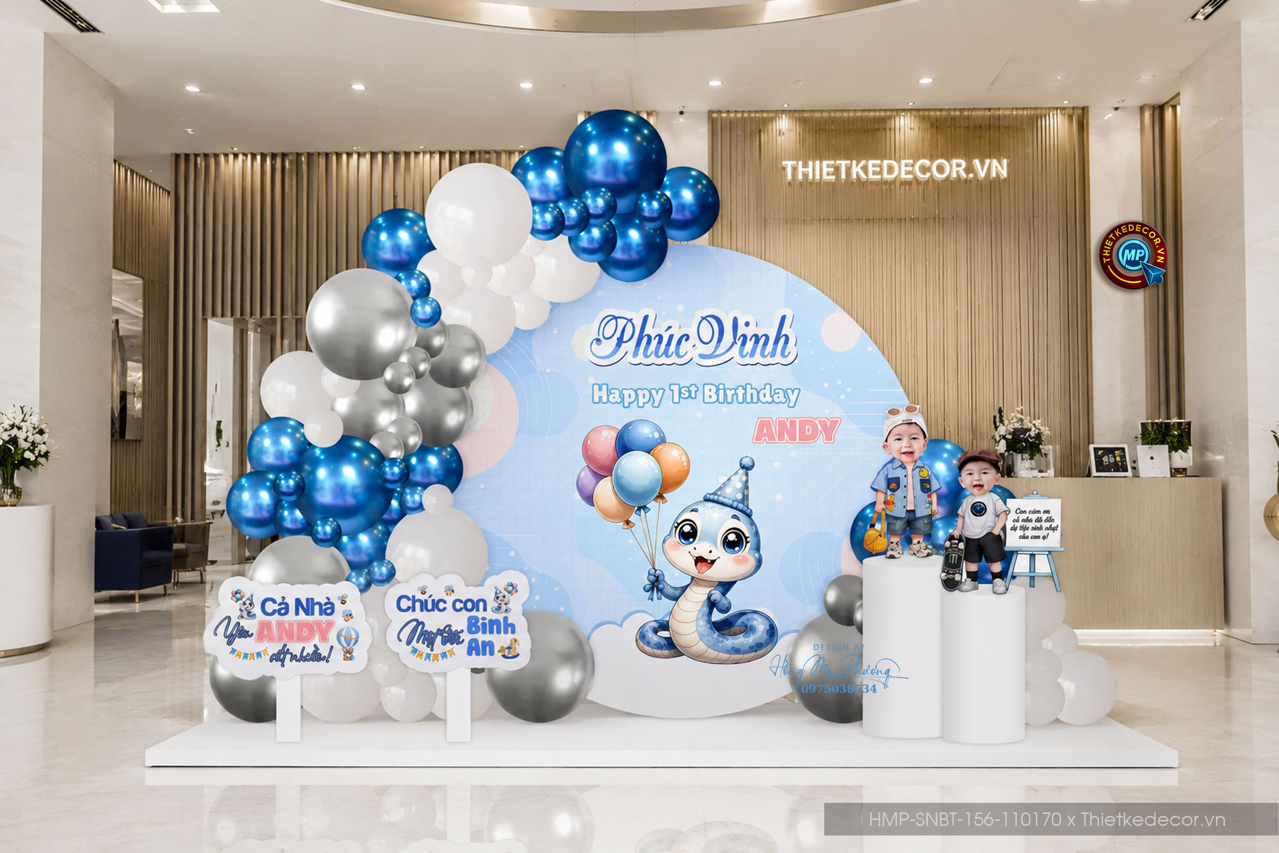 File thiết kế decor trang trí tiệc sinh nhật bé trai tuổi Rắn - Tỵ mix bong bóng cute dễ thương đáng yêu tone xanh dương